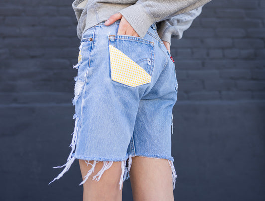 Peaky Gingham Denim Cut Off Shorts