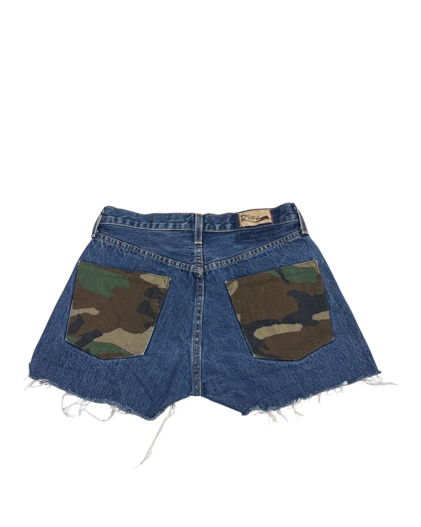 Camo Studded Cut-Off Denim Shorts