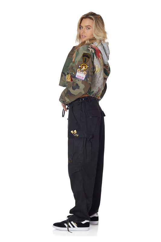 Black Camo Overdye Cargo Pant with Custom Pin Trim