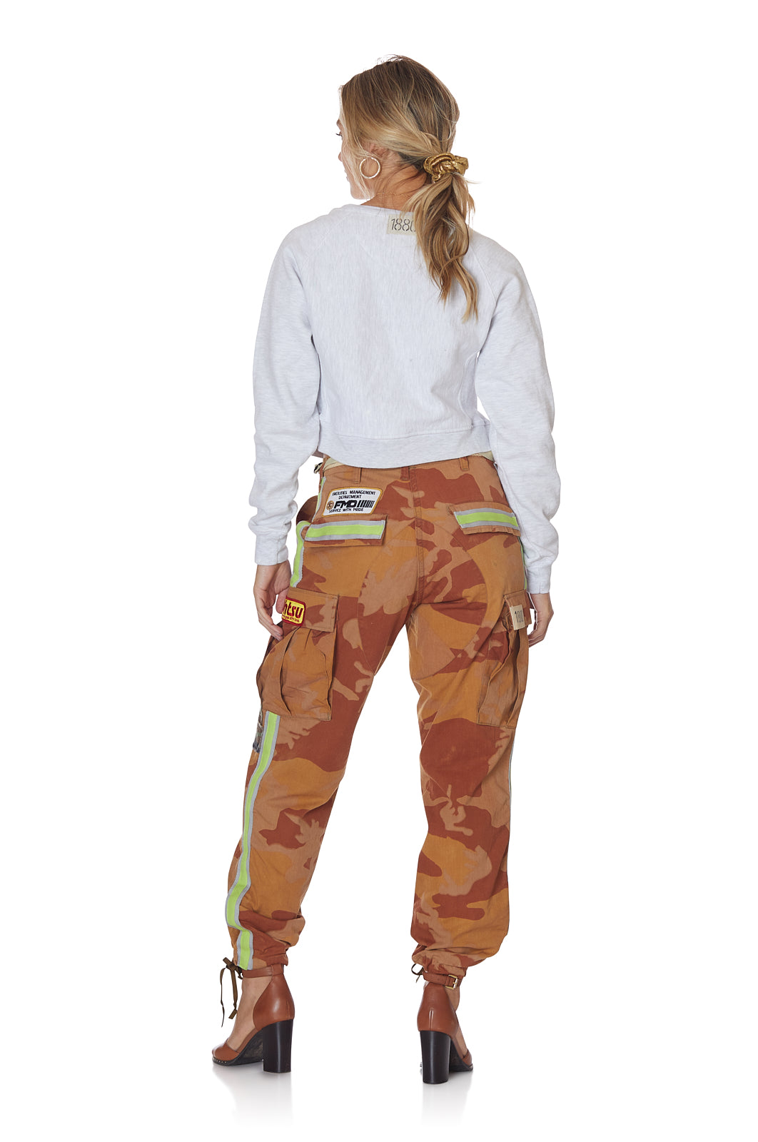 Neon Stripe Vintage Camo Pant with Patches in Orange