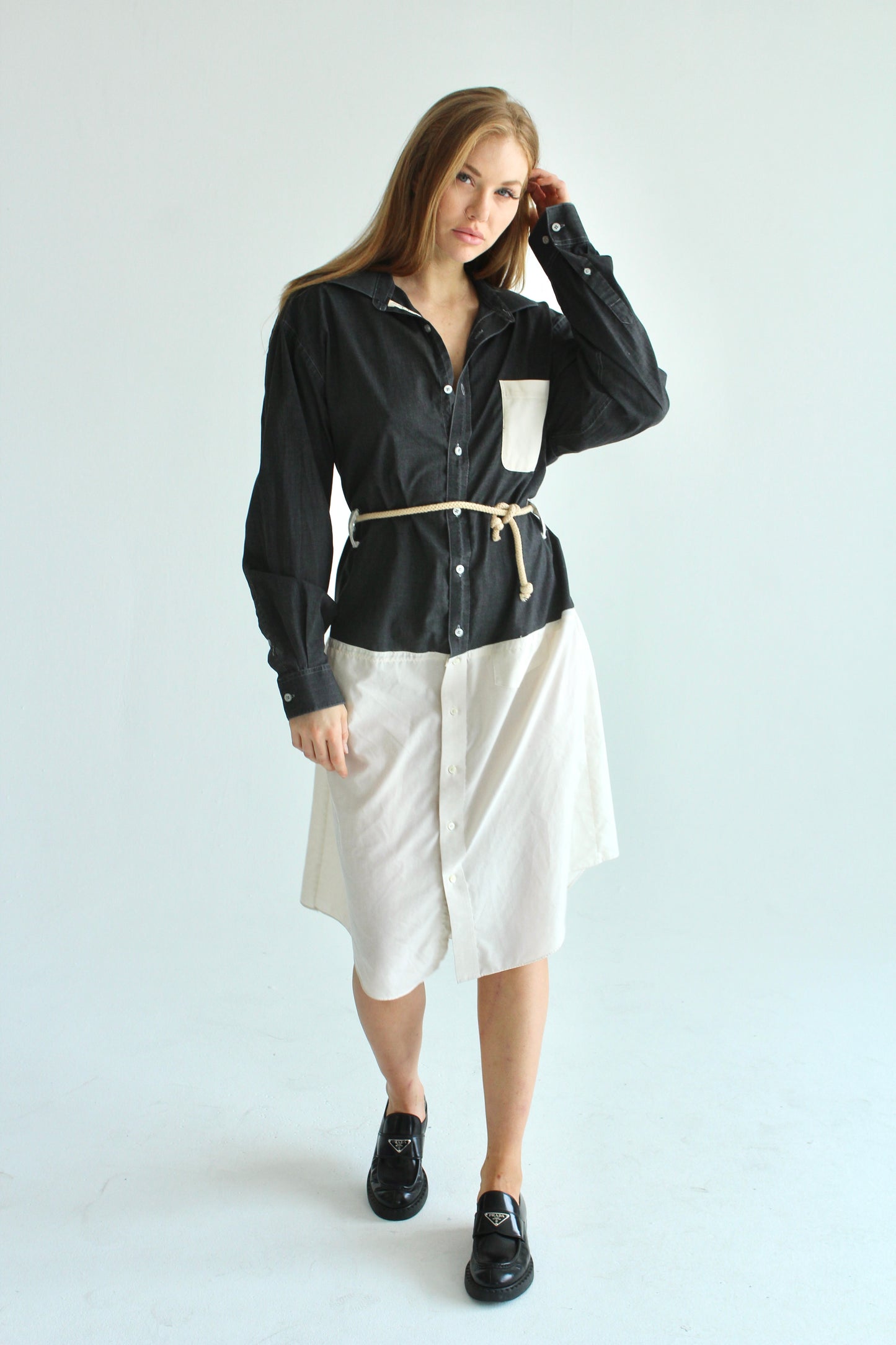 Ivory and Vintage Black Dress Shirt Dress