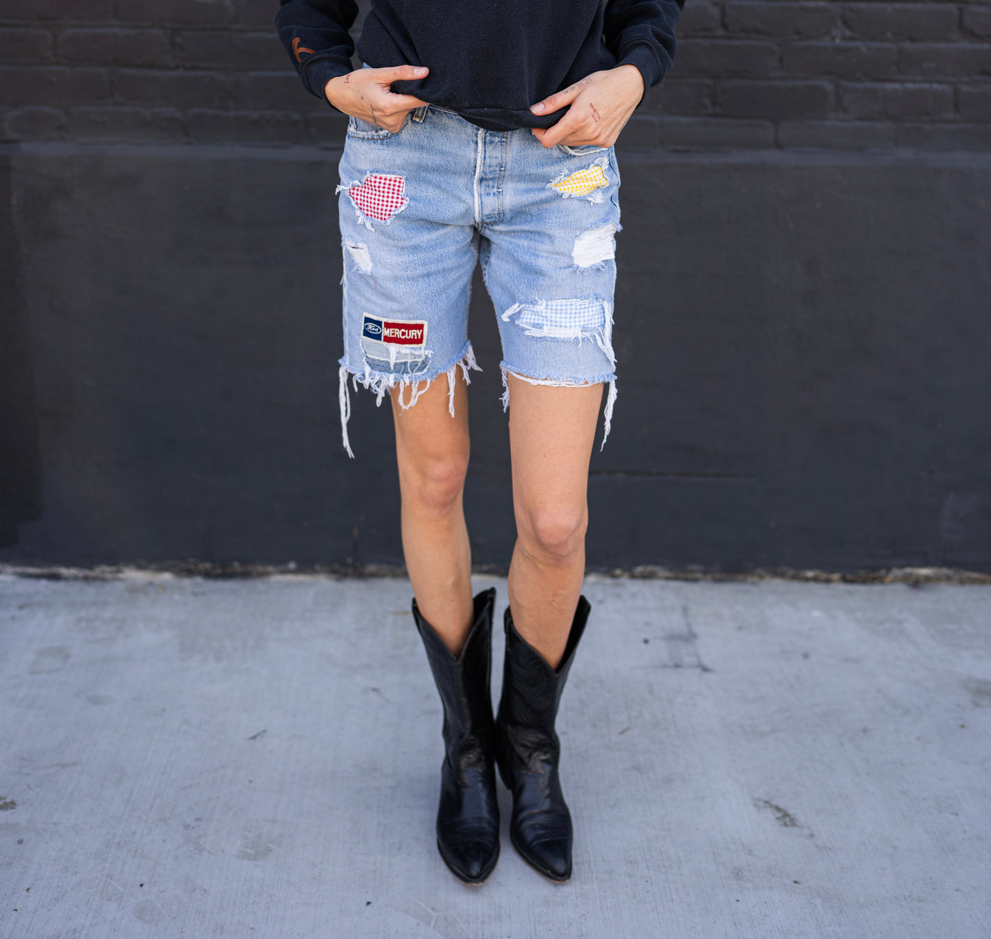 Peaky Gingham Denim Cut Off Shorts