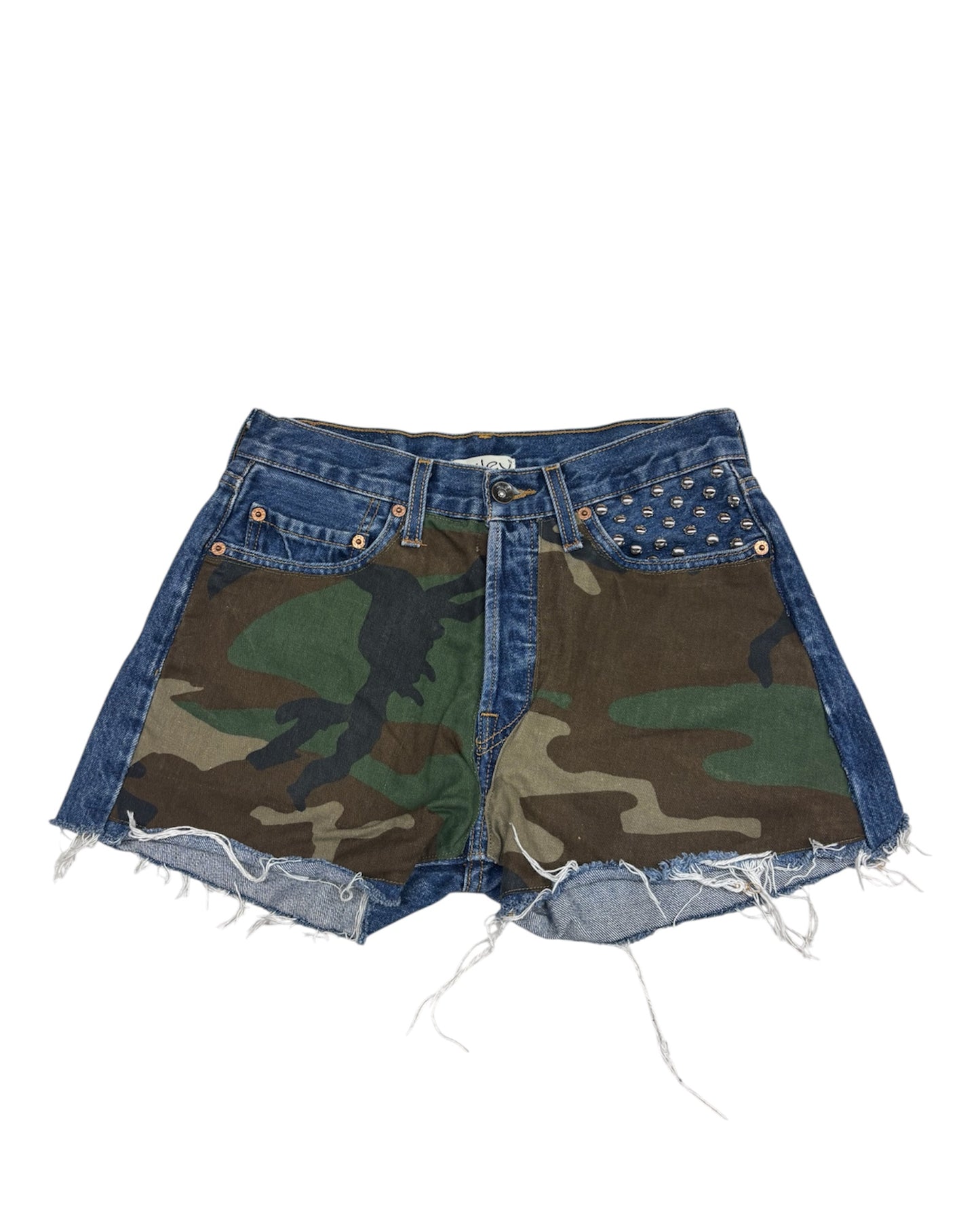 Camo Studded Cut-Off Denim Shorts