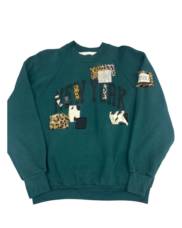 Forrest Green New York Animal Print Patchwork Crewneck