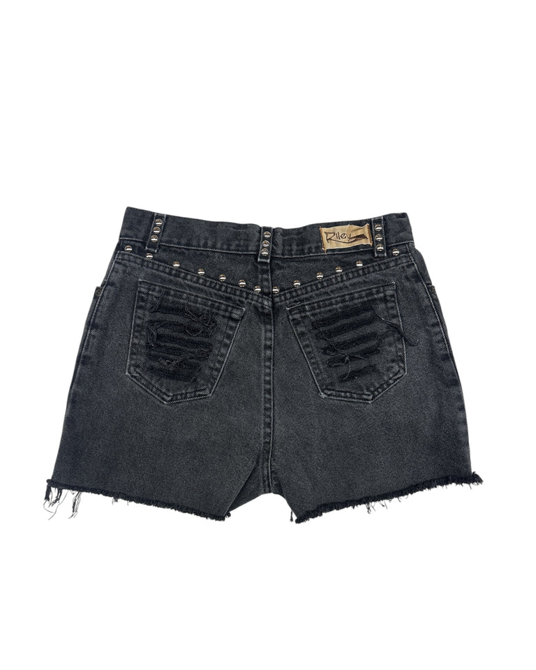 Black Denim Studded Cut-Off Short