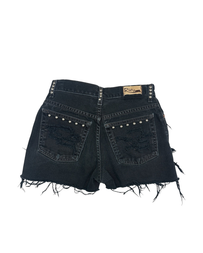 Black Studded & Slashed Cut-Off Denim Short