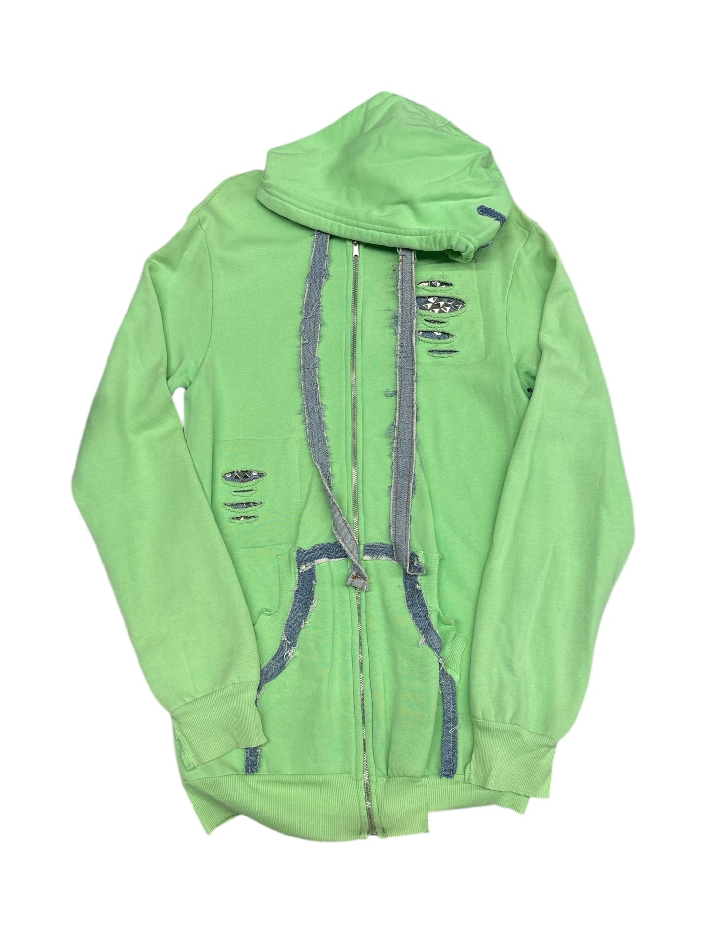 Electric Green Studded Denim Zip Up Hoo