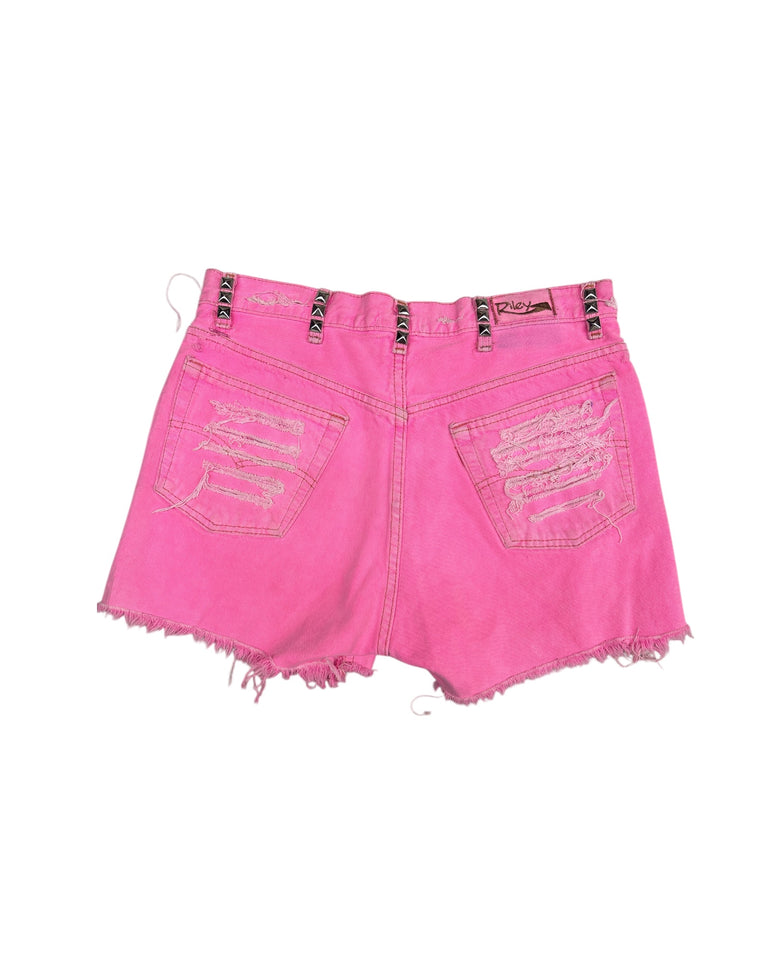 Hot Pink Cut Off Studded Denim Shorts