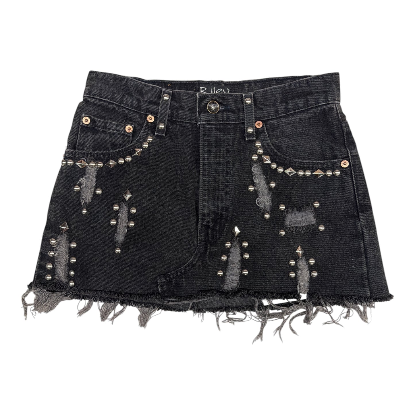 Studded Denim Cut-Off Mini Skirt