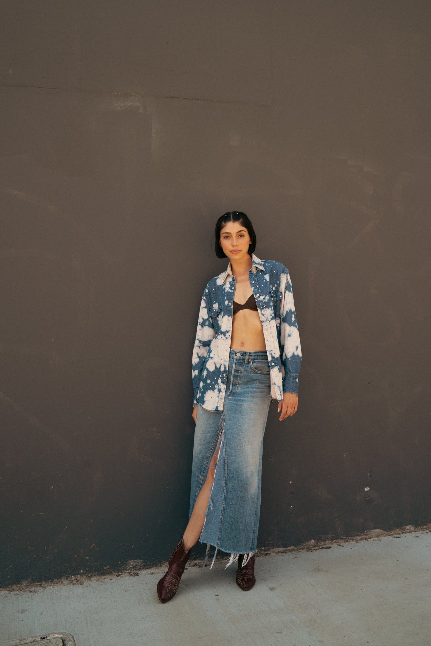 Inside-Out Split Denim Maxi Skirt
