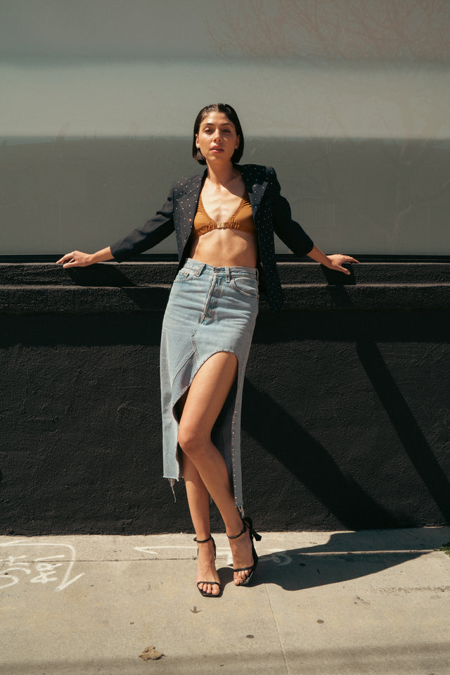 Open-Leg Studded Denim Midi Skirt