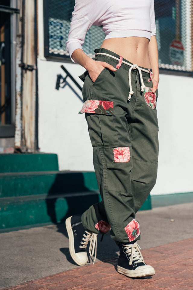 Olive Floral Cargo Pants
