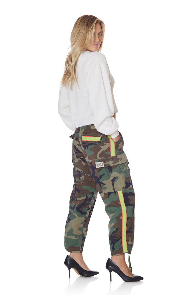 Crop Neon Stripe Vintage Camo Pant with Patches