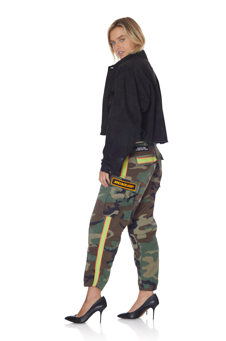 Crop Neon Stripe Vintage Camo Pant with Patches