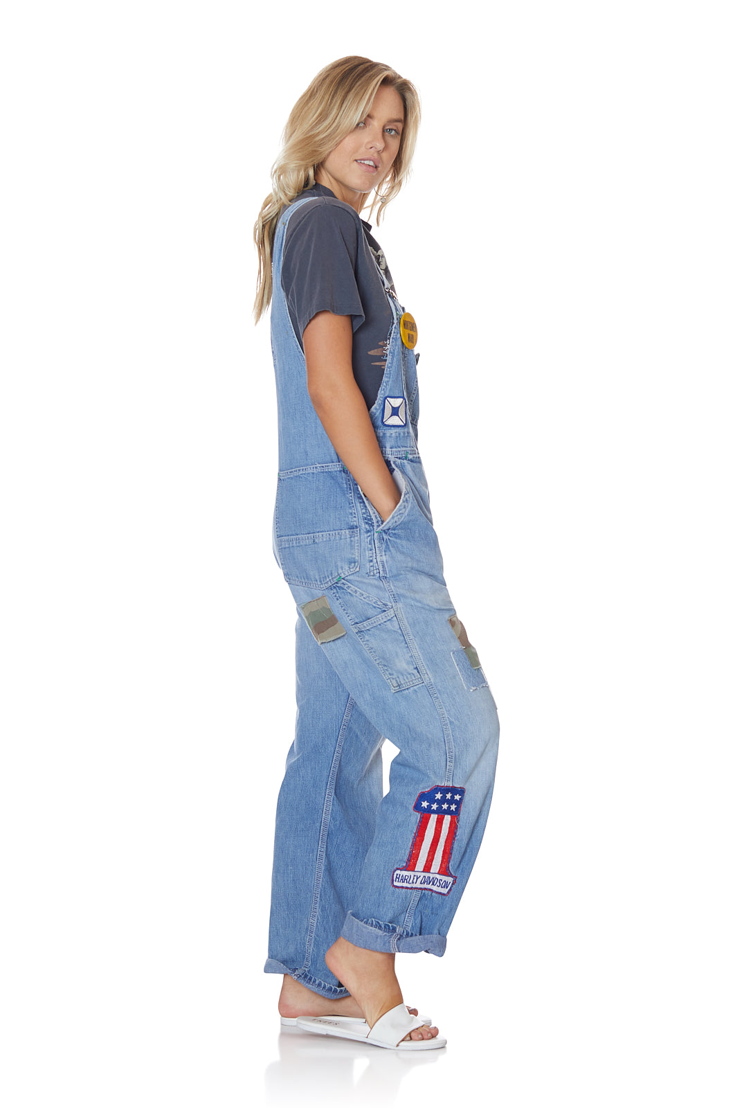Light Wash Vintage Loose Denim Overalls with Patches
