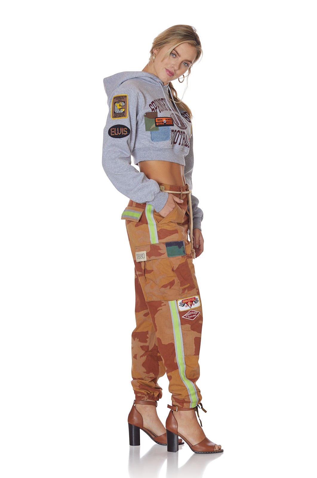 Neon Stripe Vintage Camo Pant with Patches in Orange