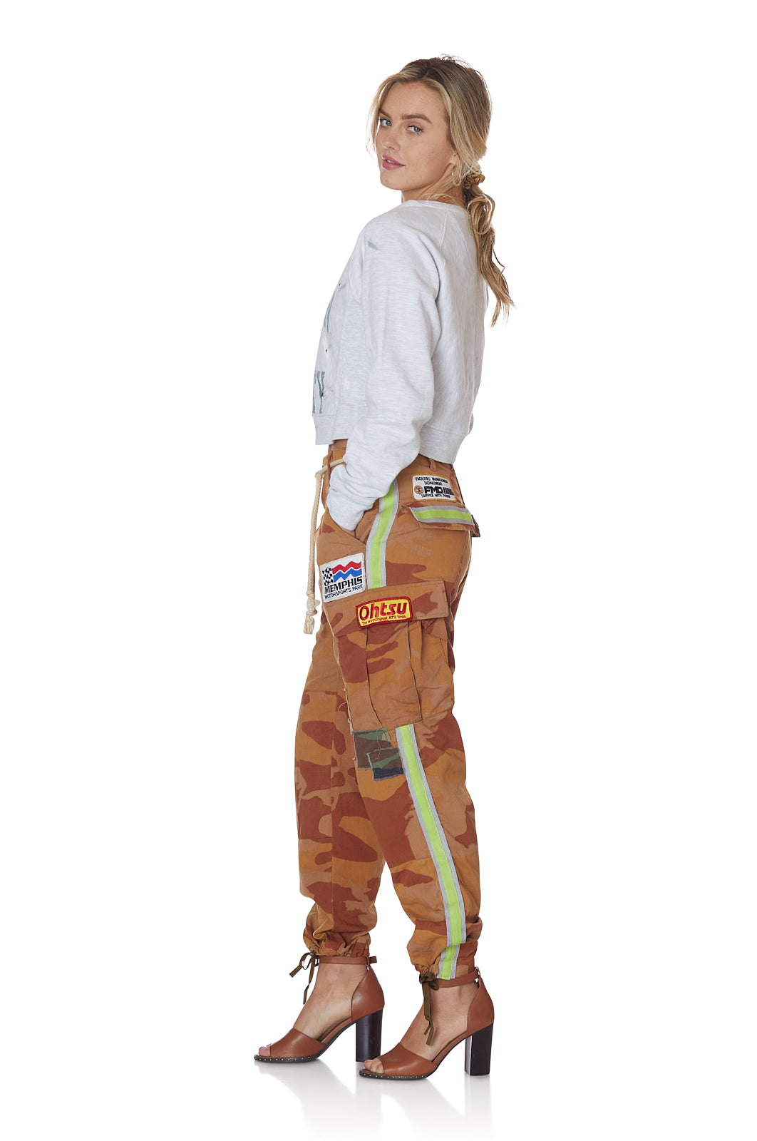 Neon Stripe Vintage Camo Pant with Patches in Orange