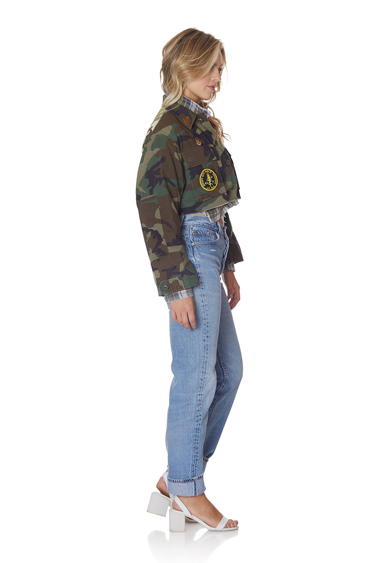 Camo and Wild Floral Cropped Jacket with Patches and Pins